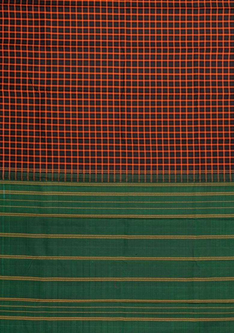 Black Handloom Kanchipuram Silk Saree With Checks Contrast Pallu With Checks And Stripes Design For Women - Indya