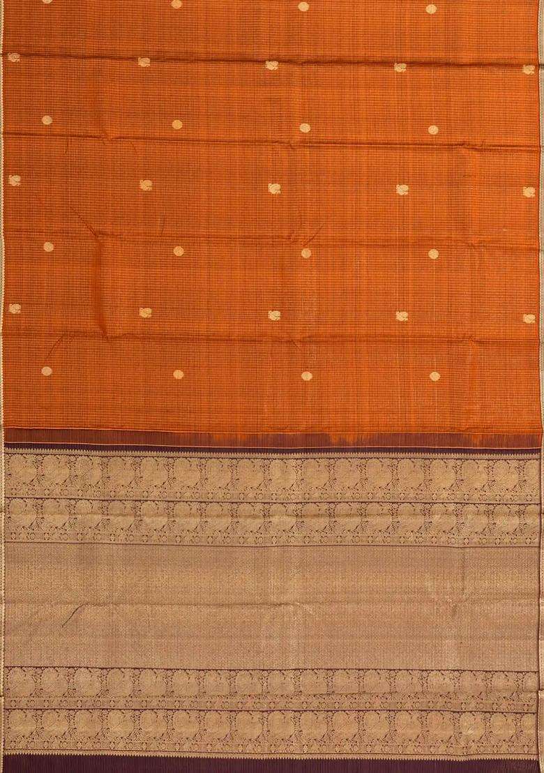 Rust Handloom Kanchipuram Silk Saree With Checks Buttas With Buttas And Brocade Design For Women - Indya