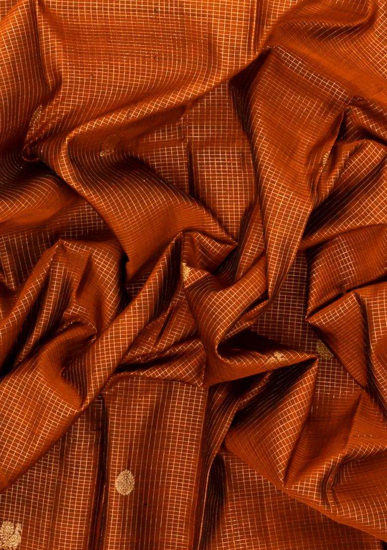Rust Handloom Kanchipuram Silk Saree With Checks Buttas With Buttas And Brocade Design For Women - Indya
