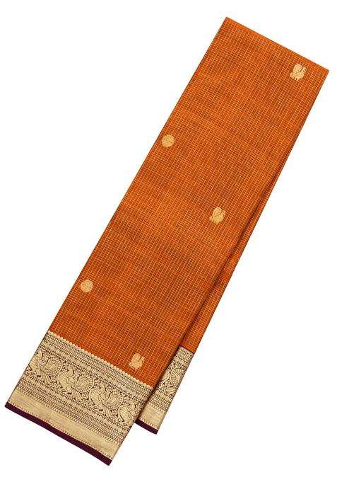 Rust Handloom Kanchipuram Silk Saree With Checks Buttas With Buttas And Brocade Design For Women