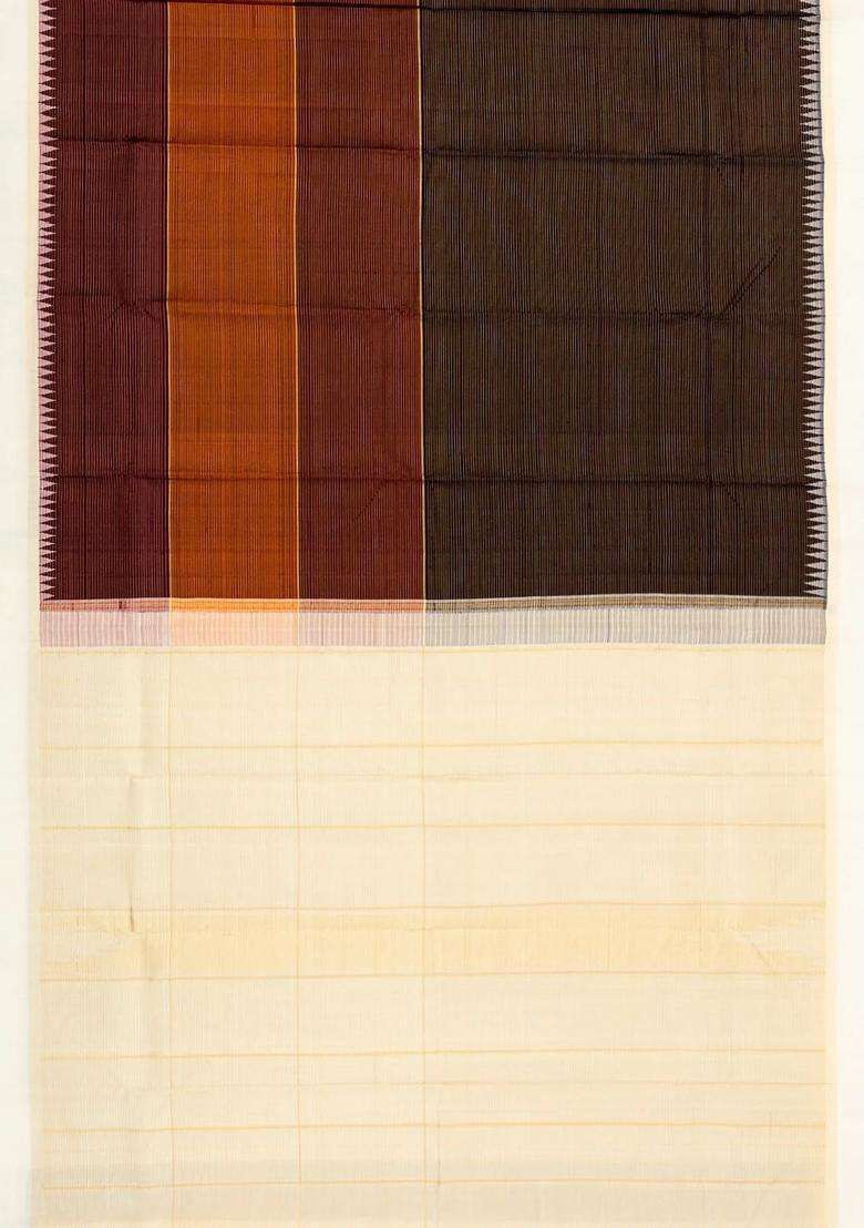 Black Rust Handloom Korvai Kanchipuram Silk Saree With Stripes With Korvai And Temple Border Design For Women - Indya
