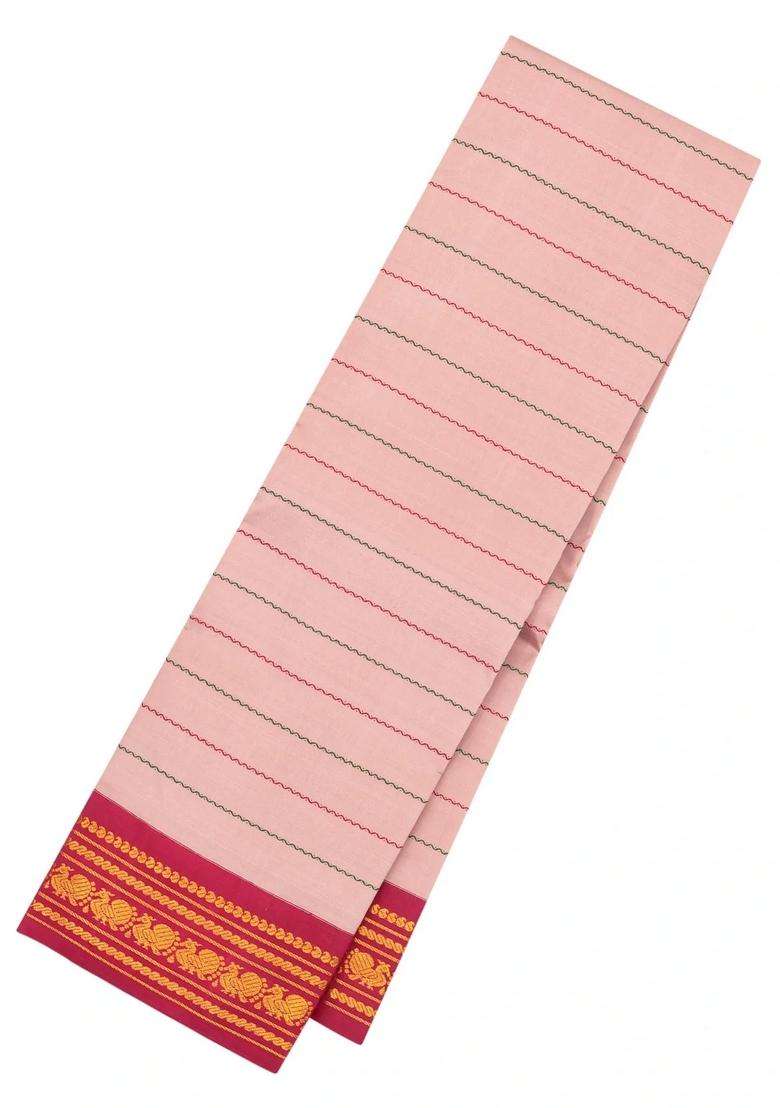 Baby Pink Handloom Korvai Kanchipuram Silk Saree With Veldari Stripes With Korvai And Temple Border Design For Women - Indya