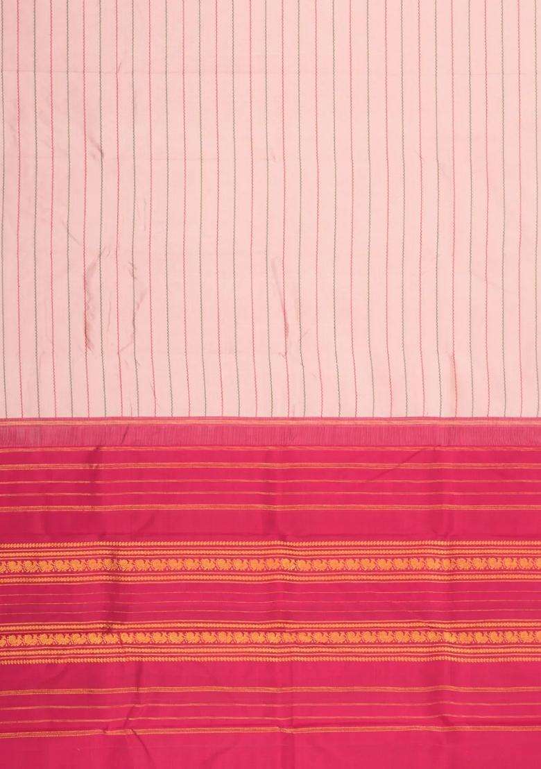 Baby Pink Handloom Korvai Kanchipuram Silk Saree With Veldari Stripes With Korvai And Temple Border Design For Women - Indya