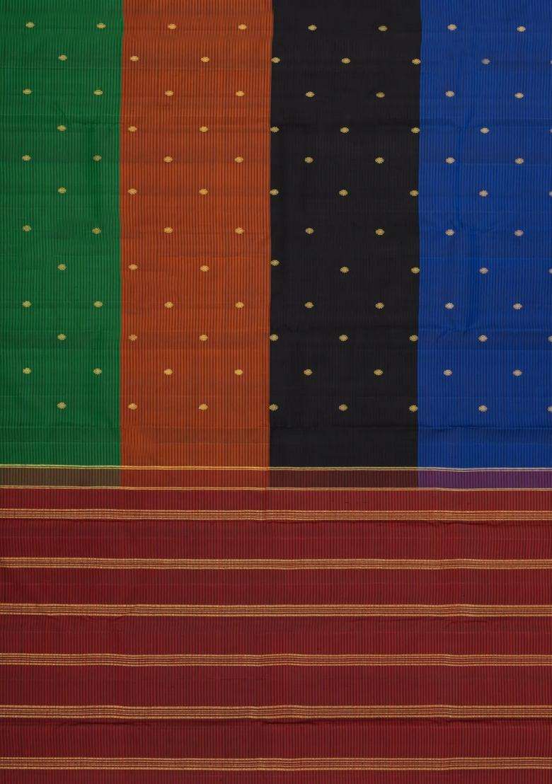 Multi Colour Handloom Kanchipuram Silk Saree With Stripes Buttas With Buttas And Brocade Design For Women - Indya