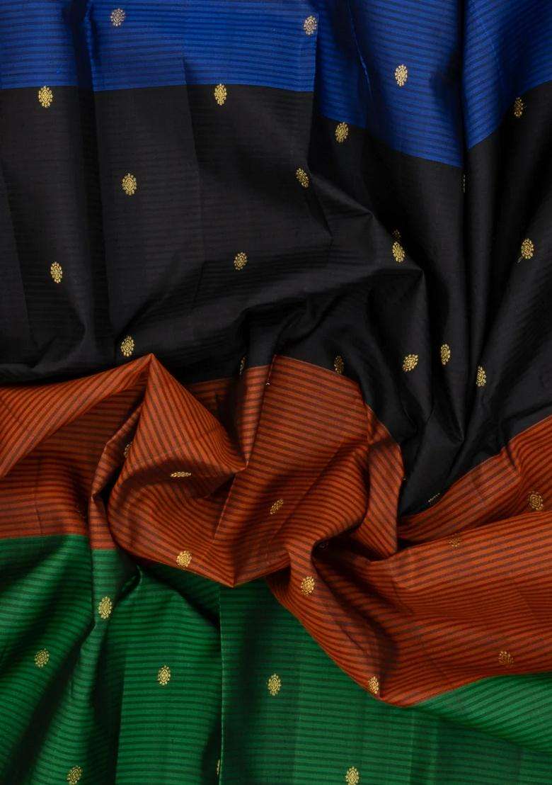 Multi Colour Handloom Kanchipuram Silk Saree With Stripes Buttas With Buttas And Brocade Design For Women - Indya