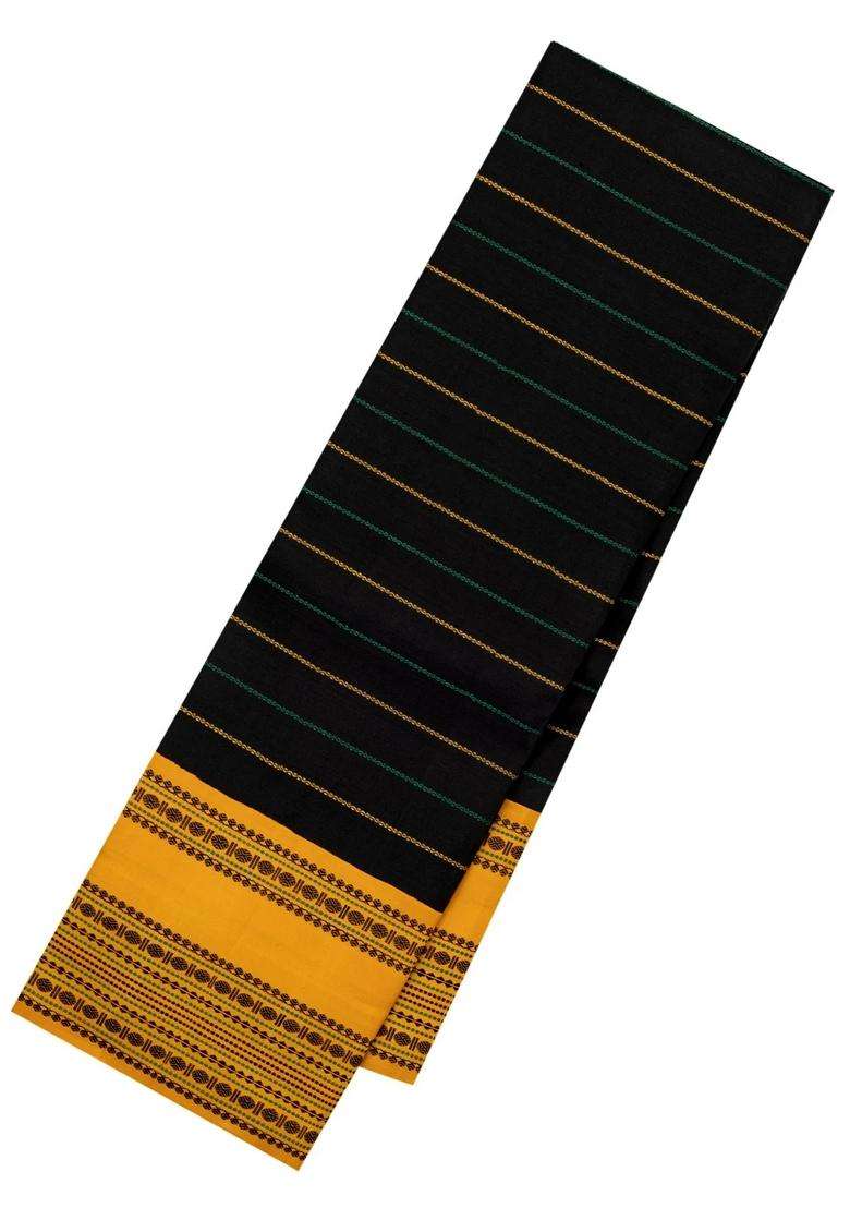 Black Handloom Korvai Kanchipuram Silk Saree With Veldari Stripes With Korvai And Temple Border Design For Women - Indya