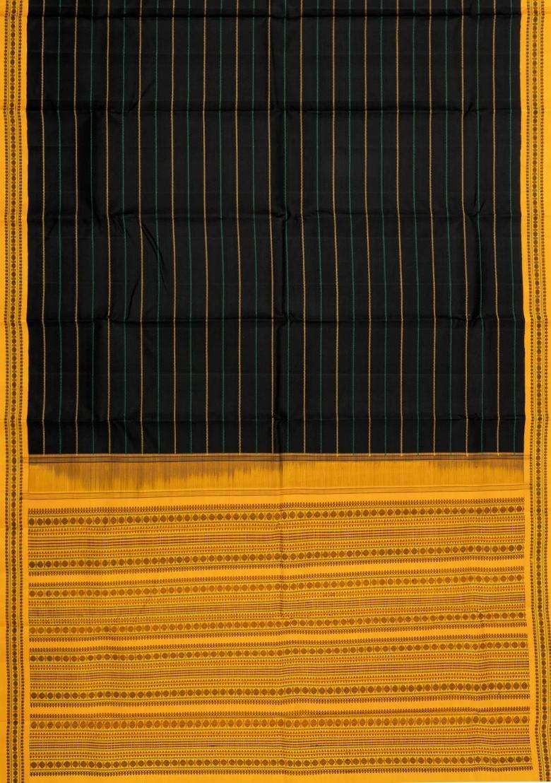 Black Handloom Korvai Kanchipuram Silk Saree With Veldari Stripes With Korvai And Temple Border Design For Women - Indya