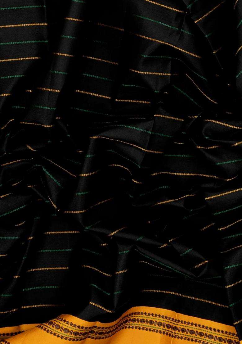 Black Handloom Korvai Kanchipuram Silk Saree With Veldari Stripes With Korvai And Temple Border Design For Women - Indya