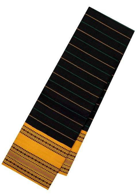 Black Handloom Korvai Kanchipuram Silk Saree With Veldari Stripes With Korvai And Temple Border Design For Women