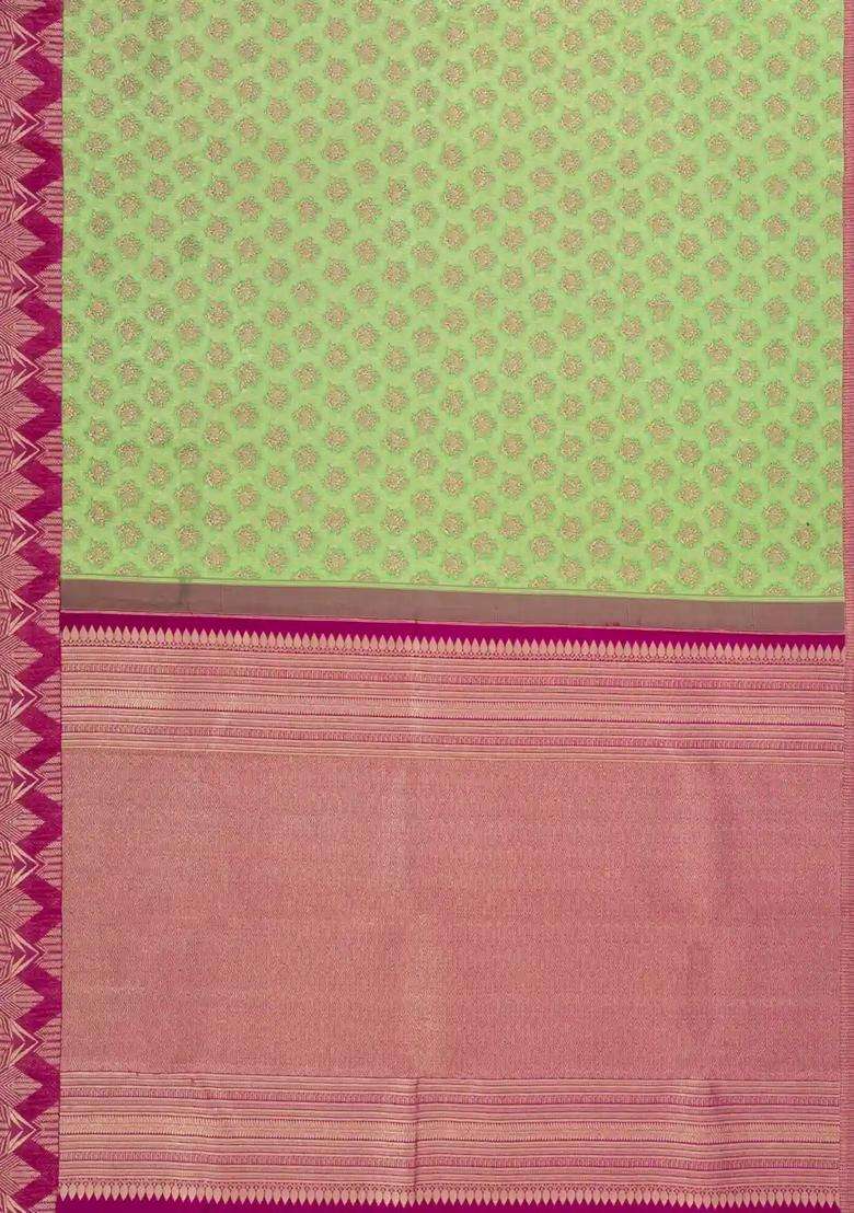 Light Green Handloom Kanchipuram Silk Saree With Meena Floral Motifs With Buttas And Brocade Design For Women - Indya