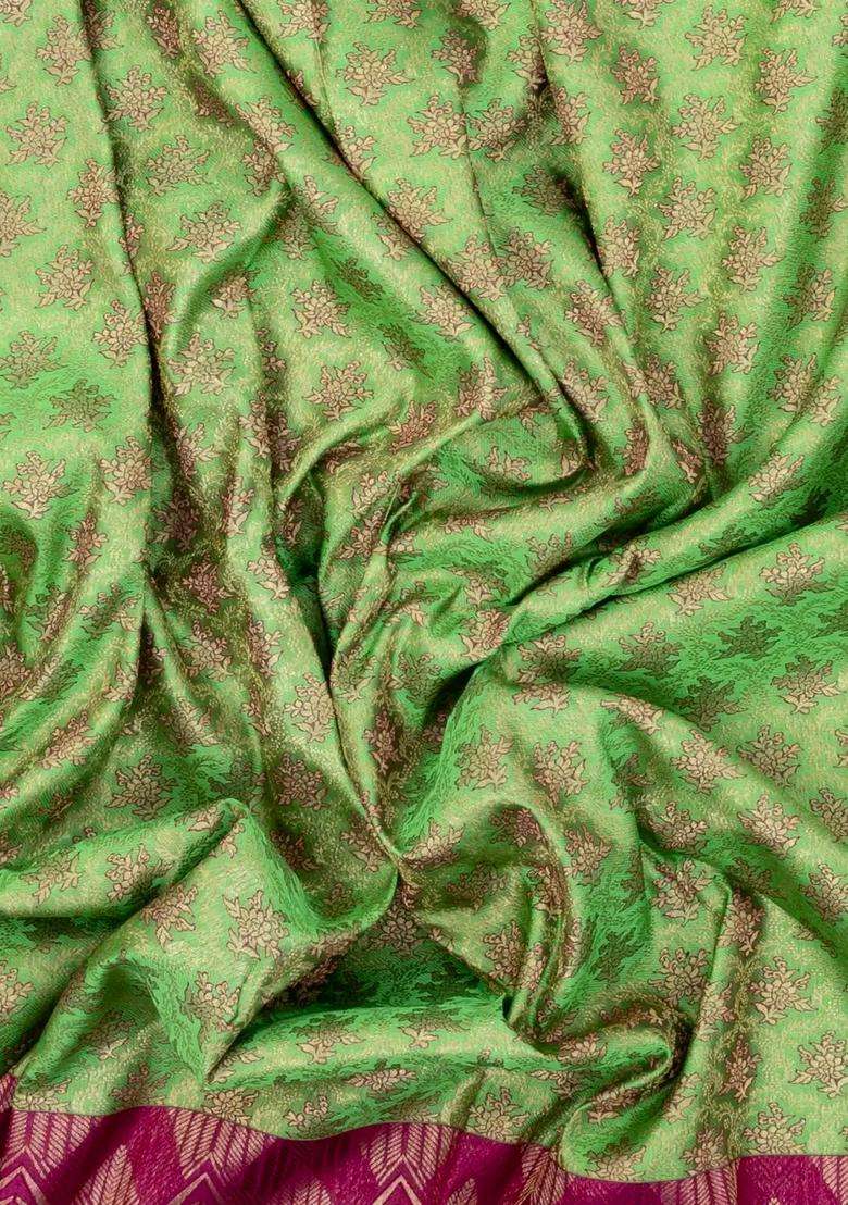 Light Green Handloom Kanchipuram Silk Saree With Meena Floral Motifs With Buttas And Brocade Design For Women - Indya