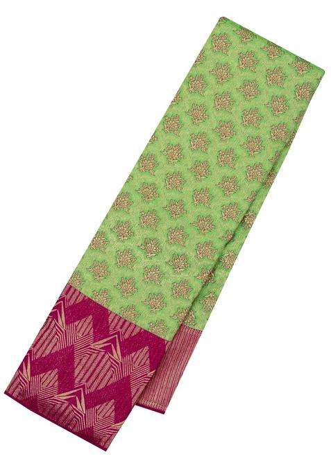 Light Green Handloom Kanchipuram Silk Saree With Meena Floral Motifs With Buttas And Brocade Design For Women