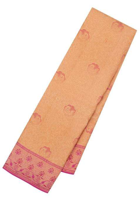 Peach Handloom Kanchipuram Silk Saree With Meena Annam Motifs With Buttas And Brocade Design For Women