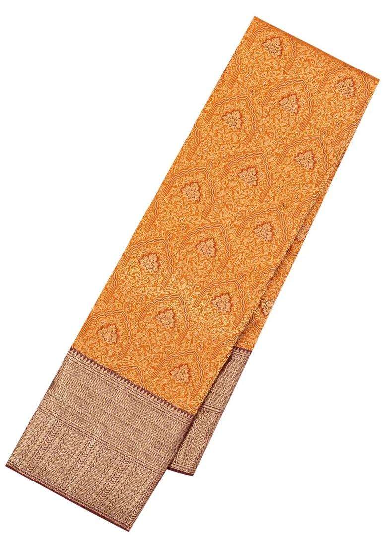 Orange Handloom Kanchipuram Silk Saree With Meena Floral Motifs With Buttas And Brocade Design For Women - Indya