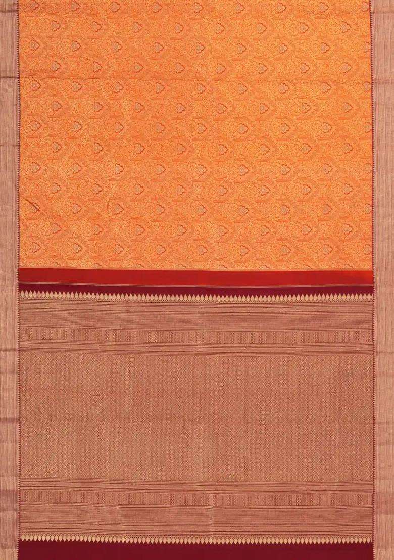 Orange Handloom Kanchipuram Silk Saree With Meena Floral Motifs With Buttas And Brocade Design For Women - Indya