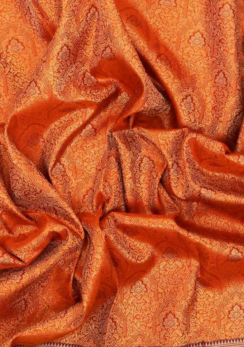 Orange Handloom Kanchipuram Silk Saree With Meena Floral Motifs With Buttas And Brocade Design For Women - Indya
