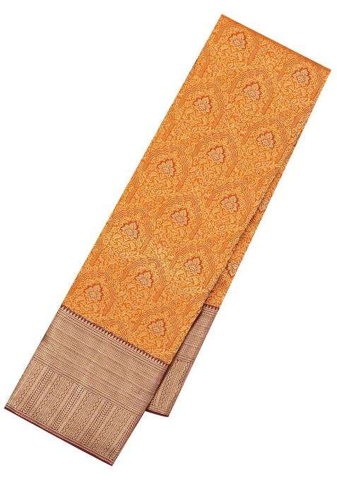 Orange Handloom Kanchipuram Silk Saree With Meena Floral Motifs With Buttas And Brocade Design For Women