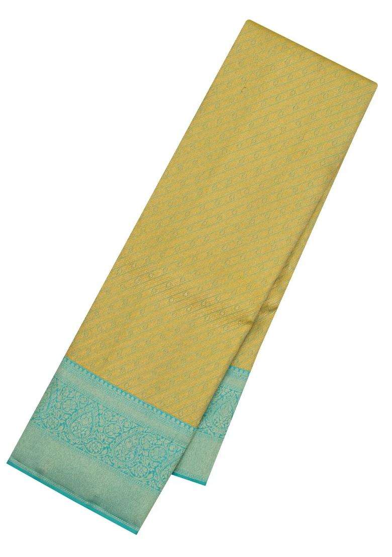Gold Handloom Kanchipuram Silk Saree With Diagonal Stripes With Buttas And Brocade Design For Women - Indya