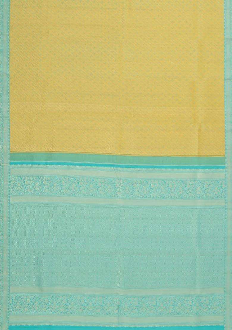 Gold Handloom Kanchipuram Silk Saree With Diagonal Stripes With Buttas And Brocade Design For Women - Indya
