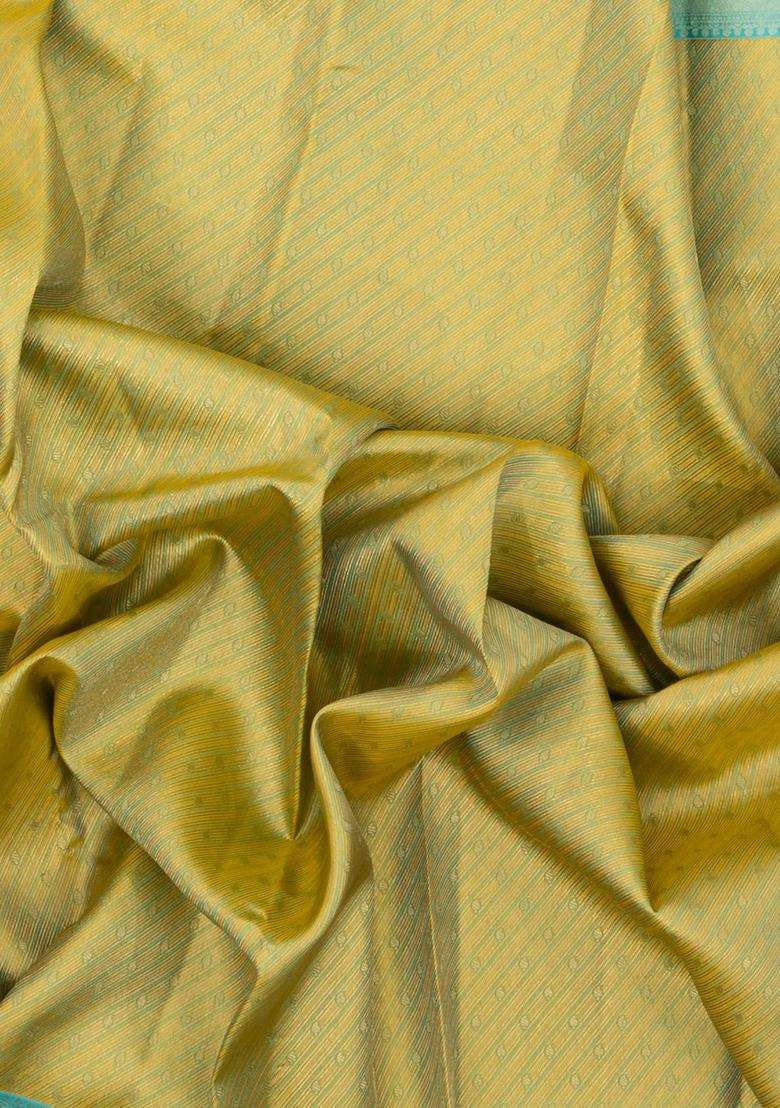 Gold Handloom Kanchipuram Silk Saree With Diagonal Stripes With Buttas And Brocade Design For Women - Indya