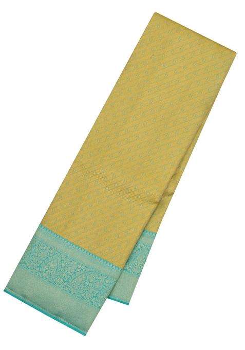 Gold Handloom Kanchipuram Silk Saree With Diagonal Stripes With Buttas And Brocade Design For Women