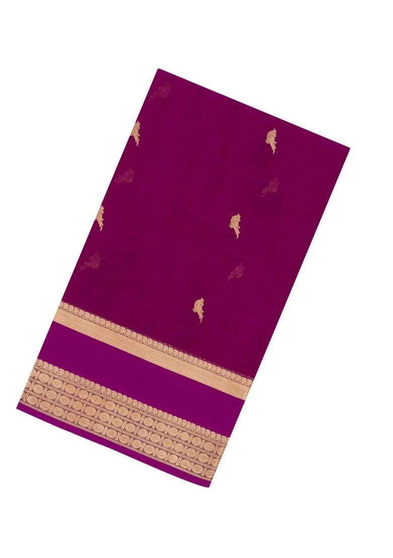 Magenta Handloom Silk Cotton Saree With Parrot Buttas With Buttas And Brocade Design For Women - Indya