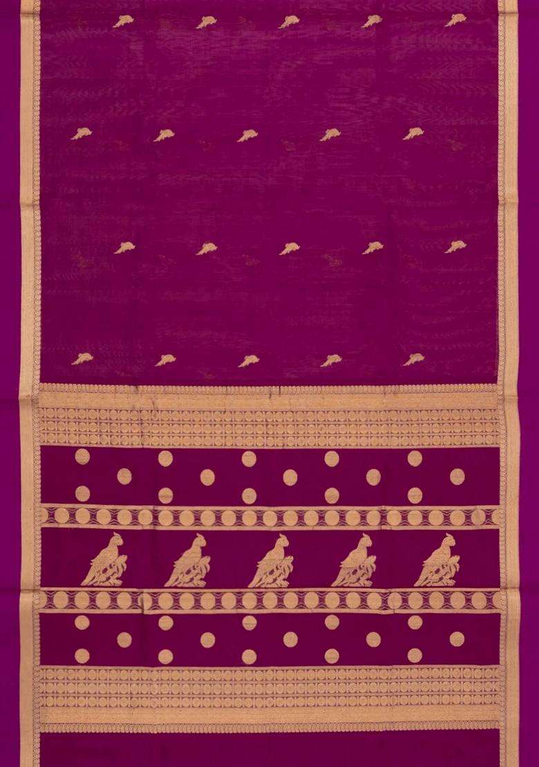 Magenta Handloom Silk Cotton Saree With Parrot Buttas With Buttas And Brocade Design For Women - Indya