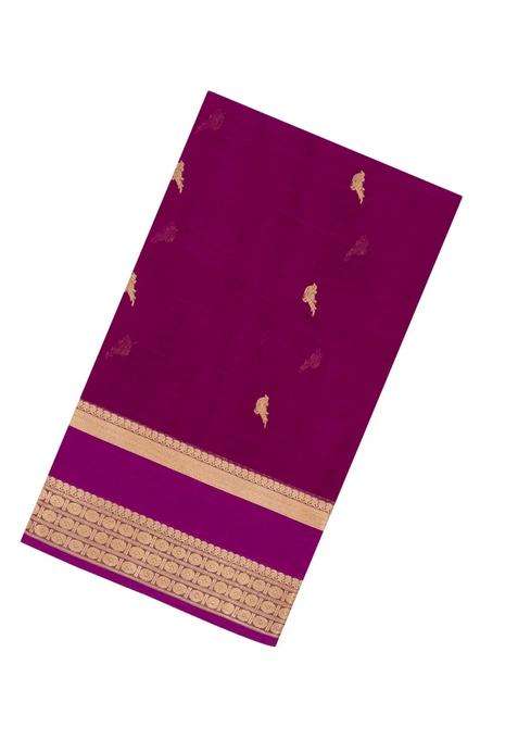 Magenta Handloom Silk Cotton Saree With Parrot Buttas With Buttas And Brocade Design For Women
