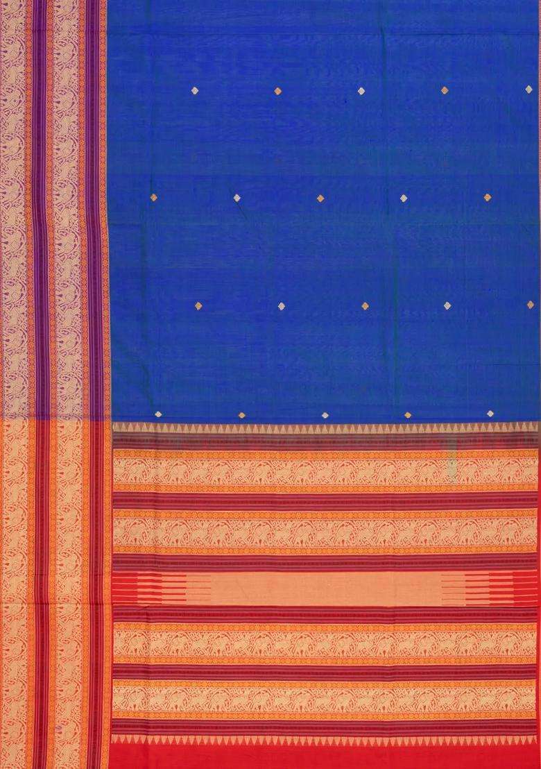 Black Blue Handloom Silk Cotton Saree With Coin Buttas With Buttas And Brocade Design For Women - Indya