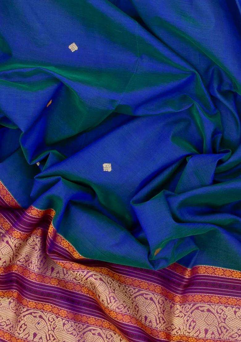 Black Blue Handloom Silk Cotton Saree With Coin Buttas With Buttas And Brocade Design For Women - Indya