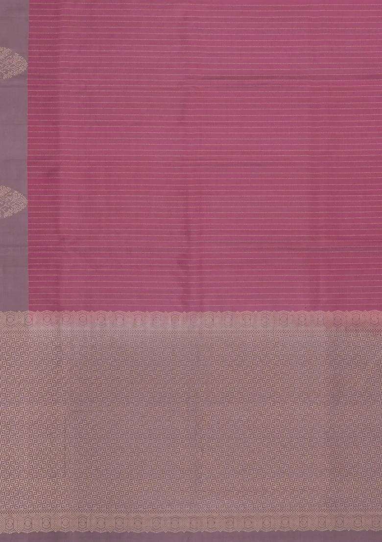Dusty Pink Handloom Soft Silk Saree With Dotted Stripes With Checks And Stripes Design For Women - Indya