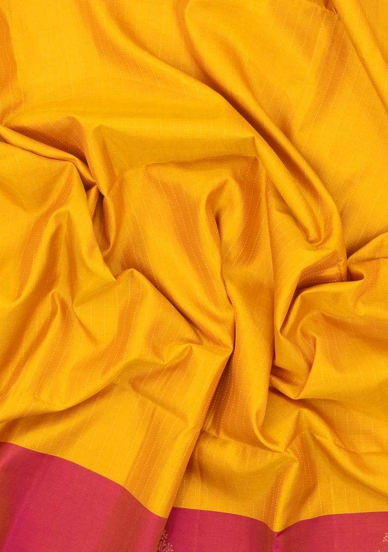 Yellow Handloom Soft Silk Saree With Dotted Stripes With Checks And Stripes Design For Women - Indya