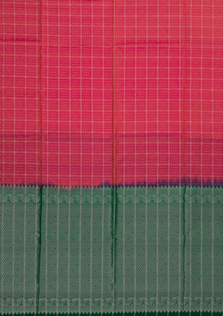 Red Handloom Soft Silk Saree With Checks Contrast Pallu With Checks And Stripes Design For Women - Indya