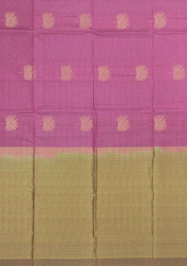 Dusty Pink Handloom Soft Silk Saree With Checks Contrast Pallu With Checks And Stripes Design For Women - Indya