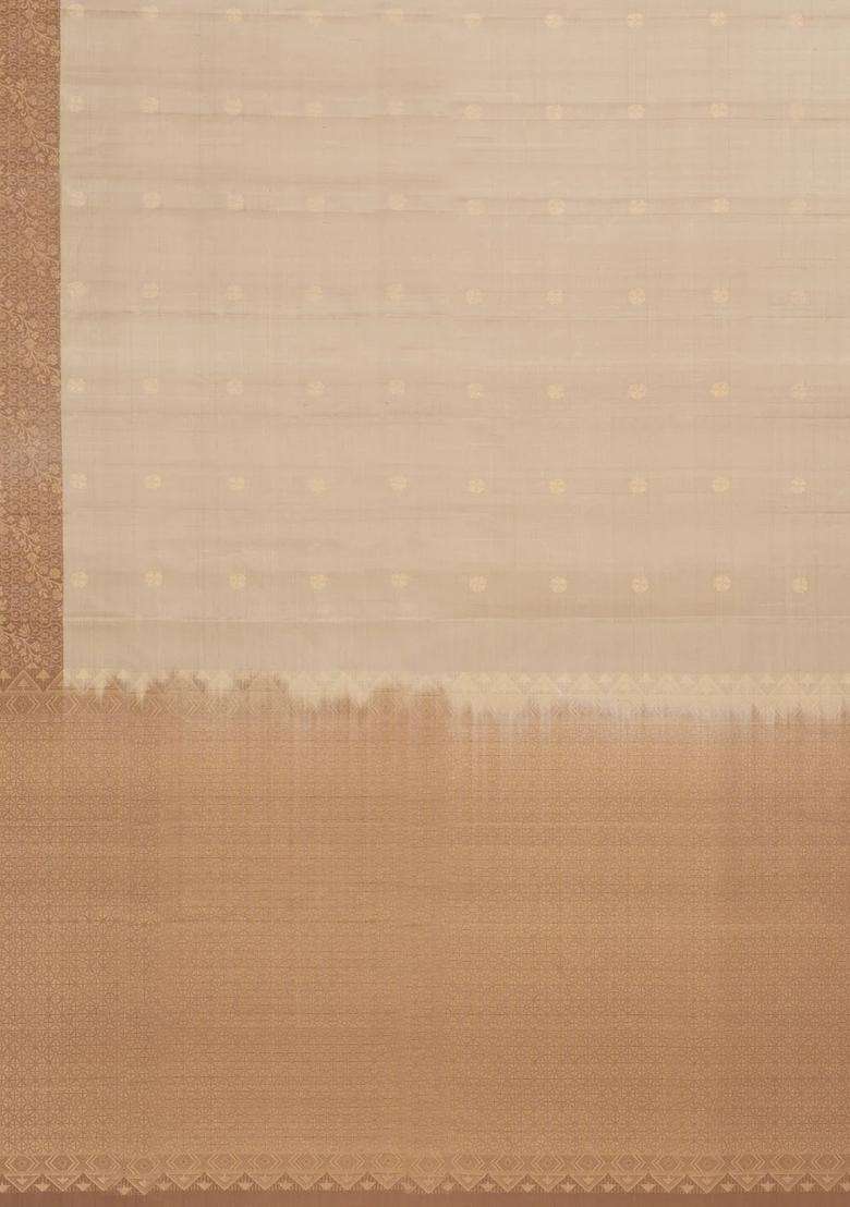 Taupe Handloom Soft Silk Saree With Floral Buttas Contrast Border With Buttas And Brocade Design For Women - Indya