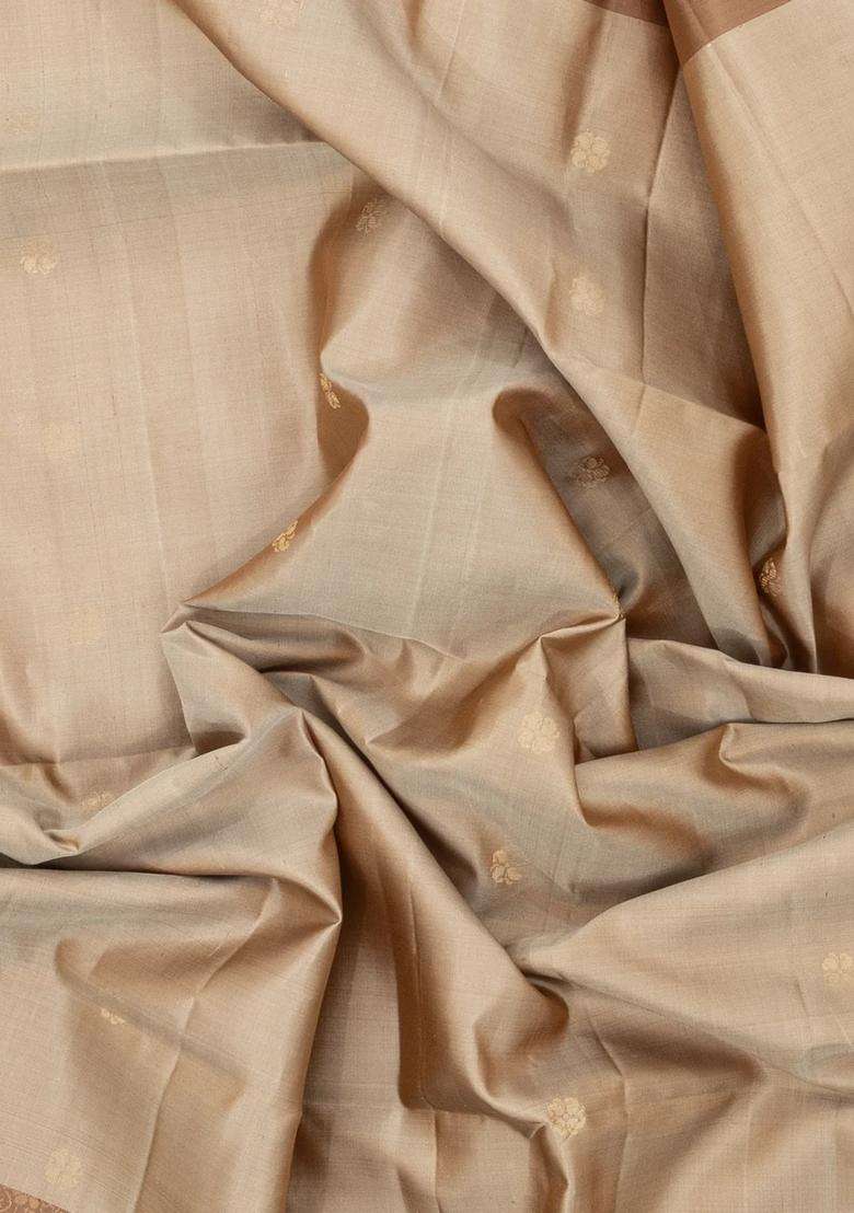 Taupe Handloom Soft Silk Saree With Floral Buttas Contrast Border With Buttas And Brocade Design For Women - Indya