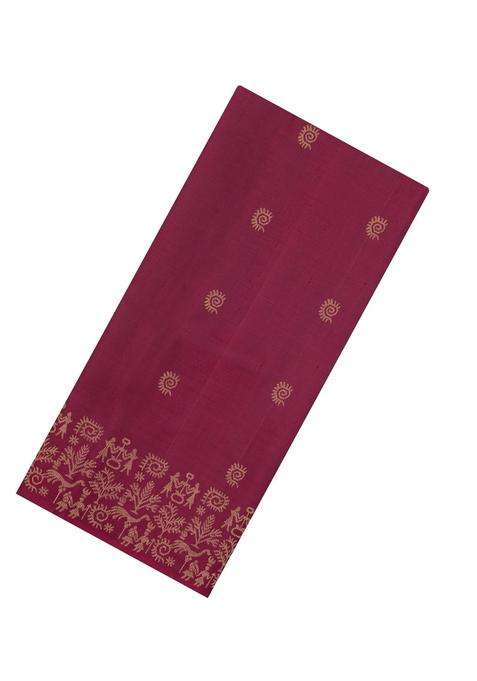 Maroon Handloom Soft Silk Saree With Tribal Motifs With Buttas And Brocade Design For Women