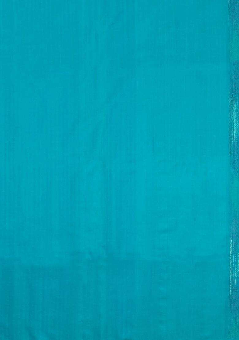 Cyan Handloom Soft Silk Saree With Meena Floral Motifs With Buttas And Brocade Design For Women - Indya
