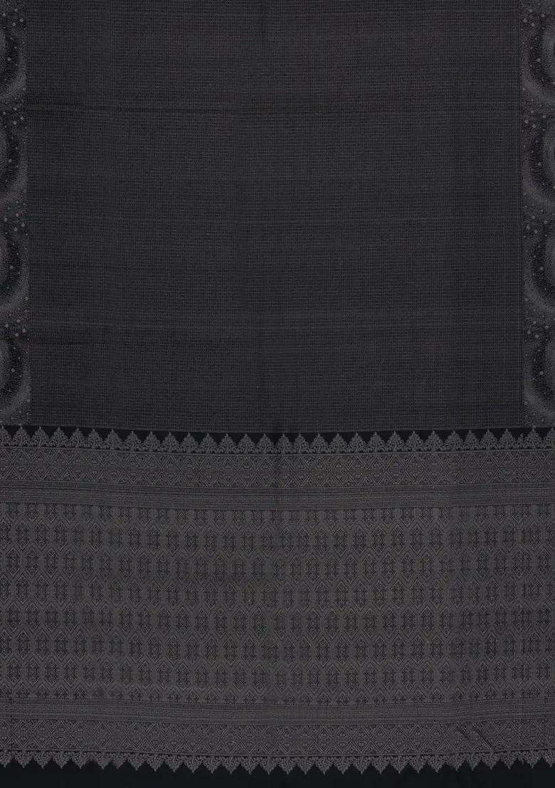 Black Handloom Soft Silk Saree With Dotted Zari Stripes With Buttas And Brocade Design For Women - Indya
