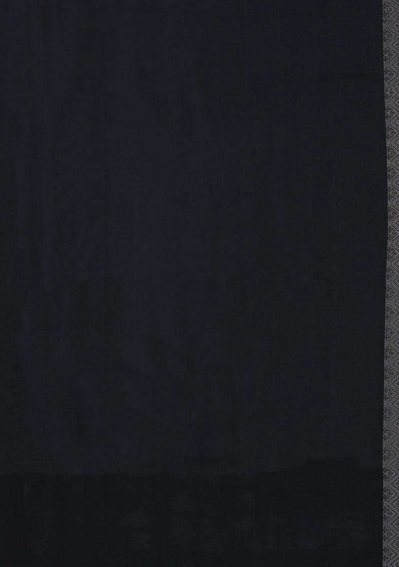 Black Handloom Soft Silk Saree With Dotted Zari Stripes With Buttas And Brocade Design For Women - Indya