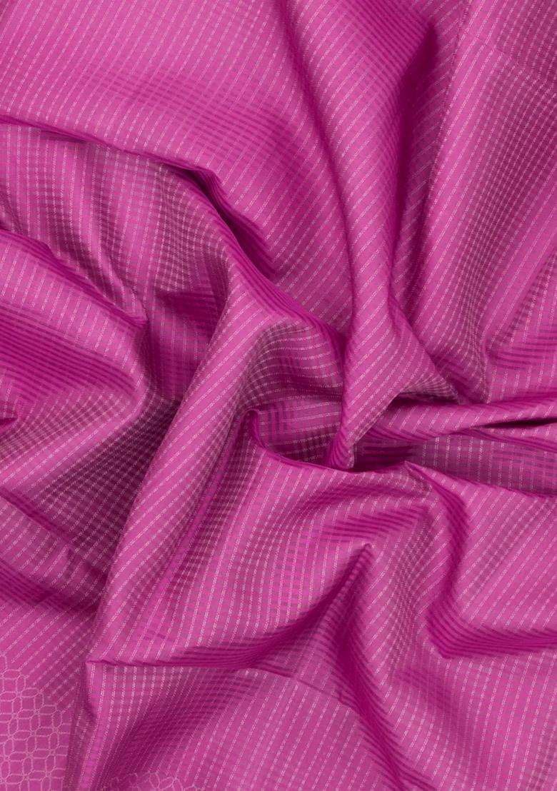 Bubblegum Pink Handloom Soft Silk Saree With Zari Stripes With Checks And Stripes Design For Women - Indya