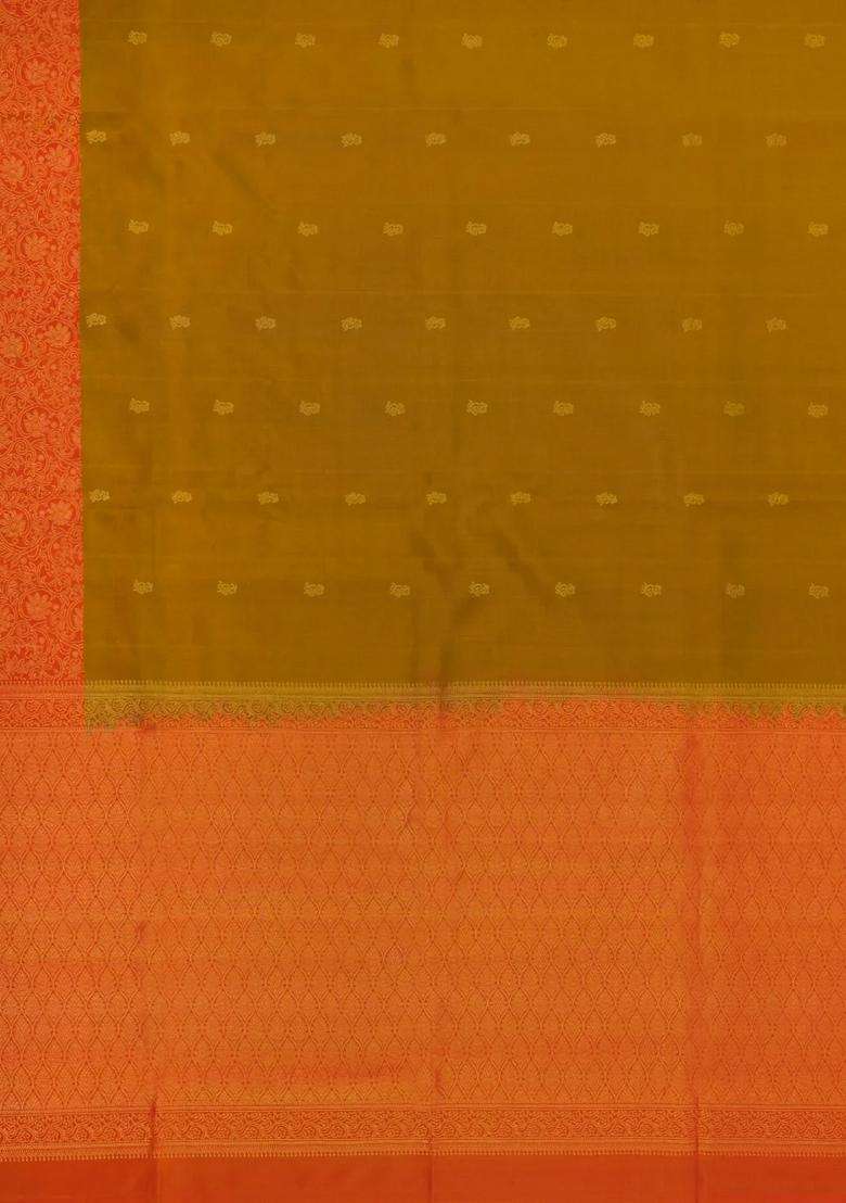Oil Mustard Handloom Soft Silk Saree With Floral Buttas With Buttas And Brocade Design For Women - Indya