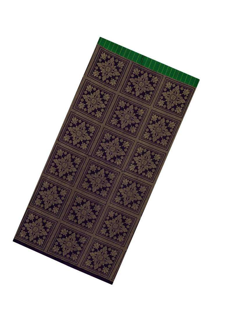 Dark Green Black Handloom Soft Silk Saree With Stripes Floral Motifs With Buttas And Brocade Design For Women - Indya