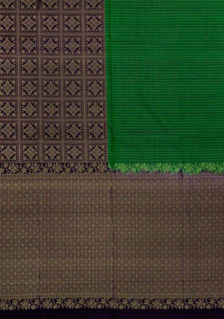Dark Green Black Handloom Soft Silk Saree With Stripes Floral Motifs With Buttas And Brocade Design For Women - Indya