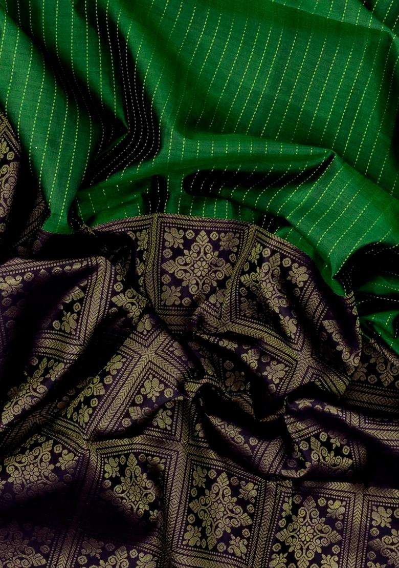 Dark Green Black Handloom Soft Silk Saree With Stripes Floral Motifs With Buttas And Brocade Design For Women - Indya