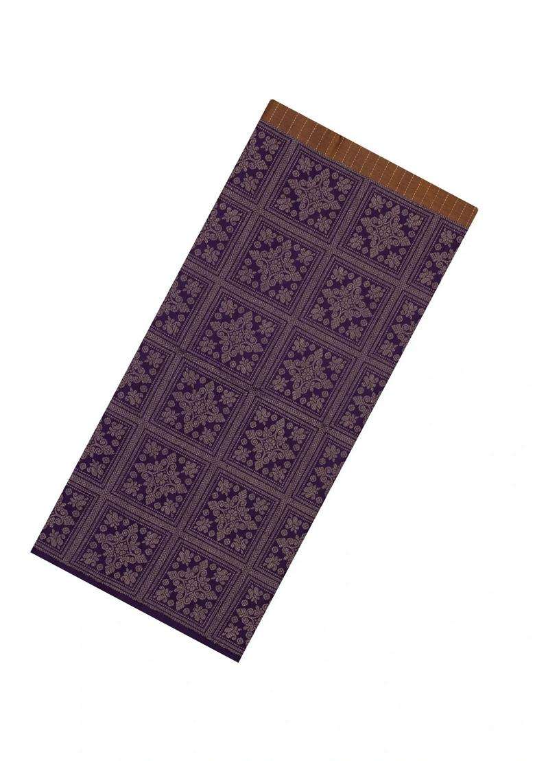 Dark Purple Beige Handloom Soft Silk Saree With Stripes Floral Motifs With Buttas And Brocade Design For Women - Indya