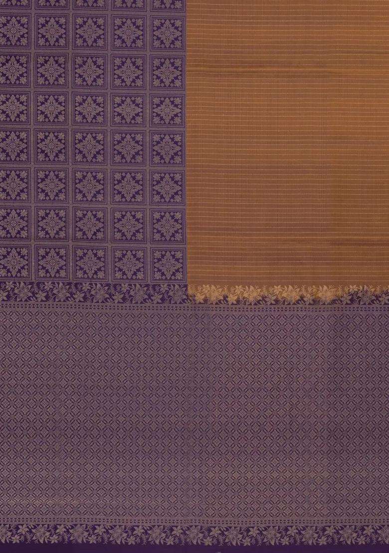 Dark Purple Beige Handloom Soft Silk Saree With Stripes Floral Motifs With Buttas And Brocade Design For Women - Indya