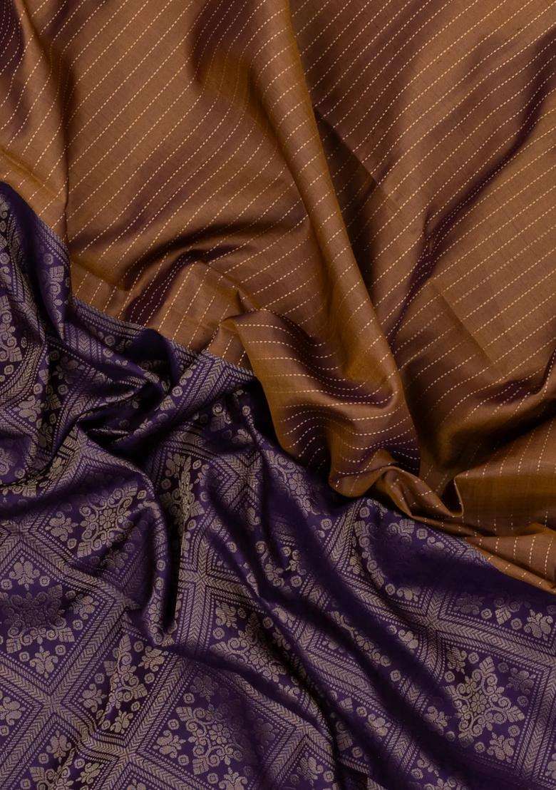 Dark Purple Beige Handloom Soft Silk Saree With Stripes Floral Motifs With Buttas And Brocade Design For Women - Indya