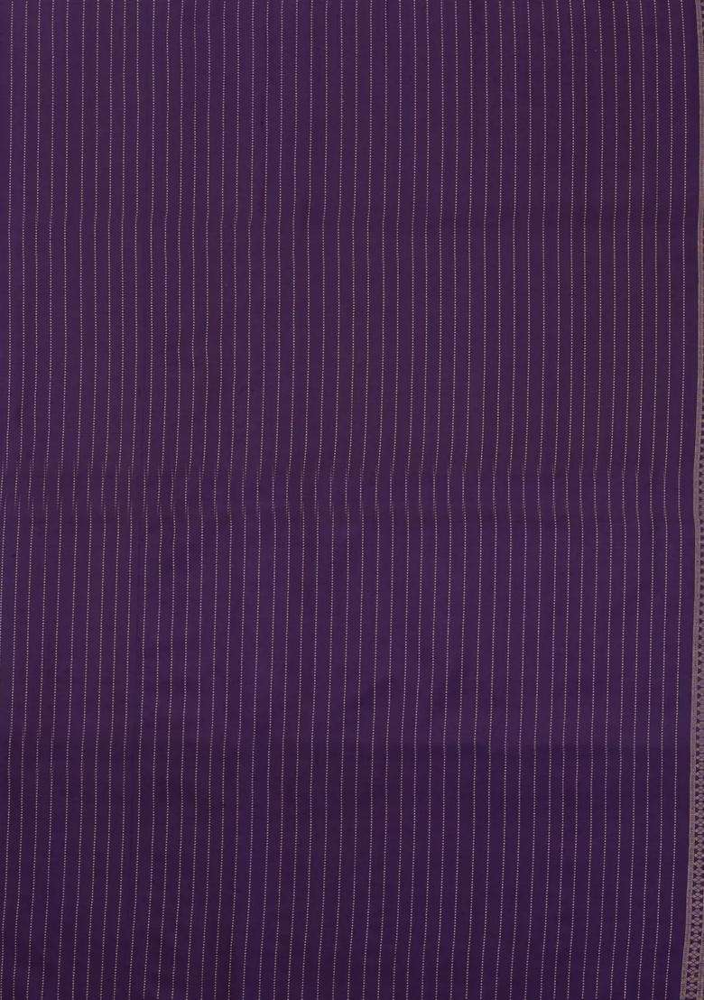 Dark Purple Beige Handloom Soft Silk Saree With Stripes Floral Motifs With Buttas And Brocade Design For Women - Indya