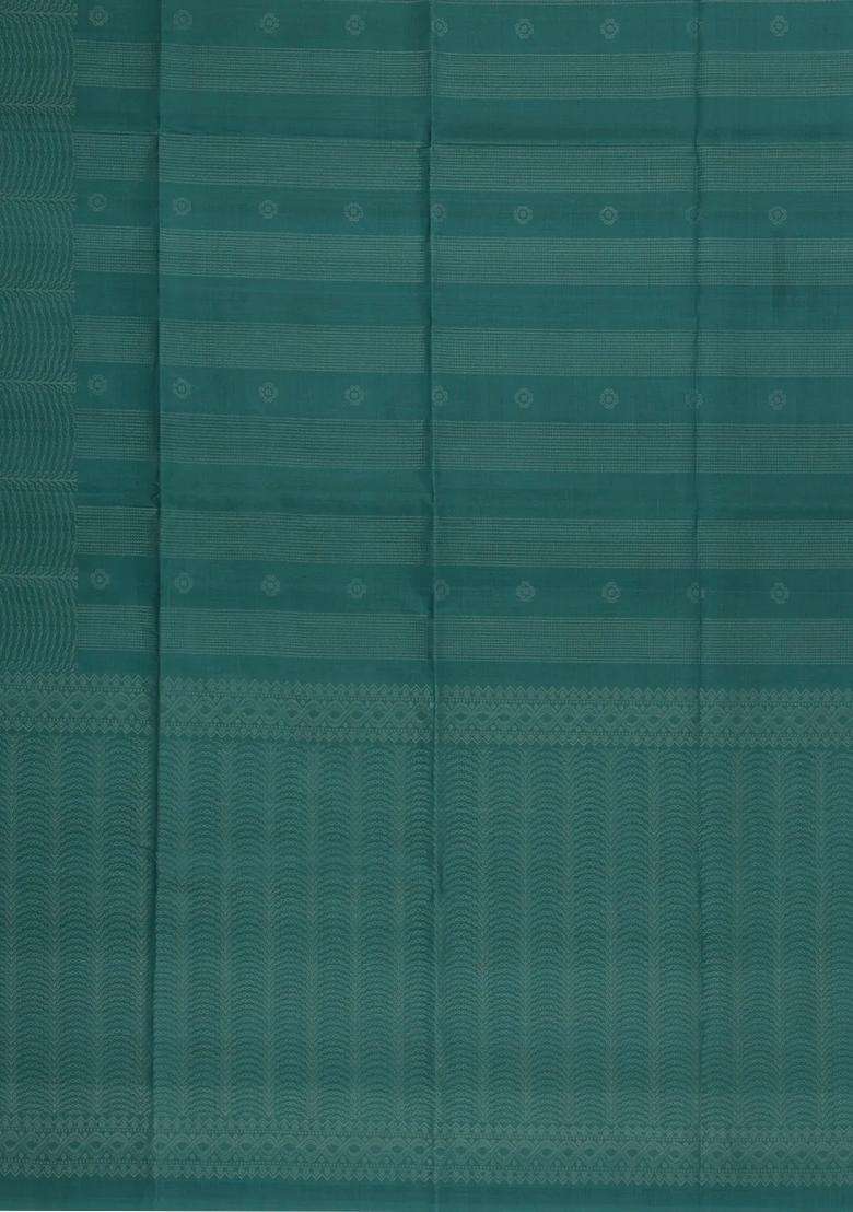 Shadow Green Handloom Soft Silk Saree With Stripes Floral Motifs With Buttas And Brocade Design For Women - Indya